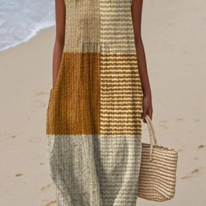 Women Colorblock Summer Dress Crew Neck Sleeveless A-Line Dress, Dresses, color:Khaki|size:4XL, catalog Noracora shop