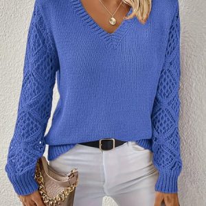 Women Plain Jacquard Winter Casual Long Sleeve V Neck Wool Sweater, JustFashionNow Sweaters, color:Royal Blue|size:XL,