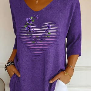 Women Floral Three Quarter Sleeve Tee T-shirt V Neck Printing Casual Spring/Fall Graphic Tee Top, JustFashionNow T-Shirts, color:Purple|size:5XL,
