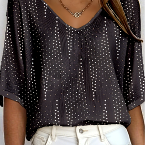 Vintage Polka Dots V Neck Three Quarter Sleeve T-shirt, T-shirts, color:Black|size:5XL, catalog Noracora shop