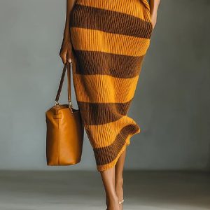 Urban Striped Color Block Sweater Skirt, Skirts, color:Orange|size:XXL, Stylewe
