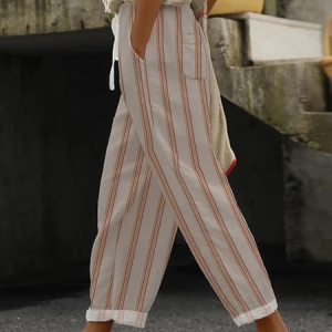 Women Striped Long Pants Casual Spring/Fall Trousers, JustFashionNow Pants, color:Khaki|size:5XL,