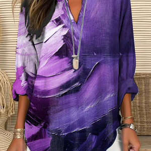 V Neck Long Sleeve Abstract Printing Regular Loose Blouse For Women, Blouses, color:Purple|size:5XL, catalog Noracora shop