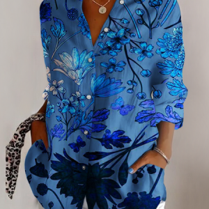 V Neck Long Sleeve Floral Regular Micro-Elasticity Regular Fit Shirt For Women, Shirts, color:Blue|size:4XL, catalog Noracora shop