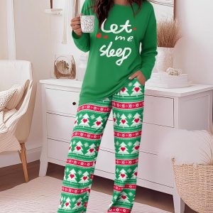 2 Pieces Outfit Heart & Let me sleep Slogan Print Long Sleeve Top and Christmas Tree & Snowflake Print Colorblock Elastic Waist Pants Set Casual Christmas Pajamas Set, women Pajamas Sets, ChicMe catalog