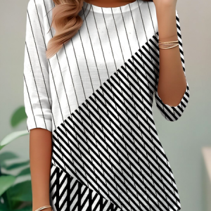 Casual Striped Crew Neck Long Sleeve T-shirt, T-shirts, color:Black-white|size:XXL, catalog Noracora shop