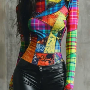 Jersey Casual Abstract Graphic Printing Mock Neck T-shirt, Tees, color:As Picture|size:XXL, Stylewe