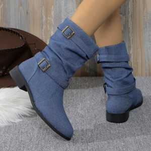 Vintage Plain Slip On Flat Heel Straight Boots, Shoes, color:Blue|size:43, catalog Noracora shop