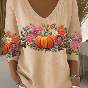 Women Cotton Floral Long Sleeve Comfy Casual Sweater, Sweaters, color:Khaki|size:4XL, catalog Noracora shop