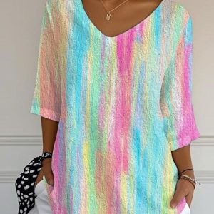 Vintage Ombre Crew Neck Three Quarter Sleeve T-shirt, T-shirts, color:Multicolor|size:5XL, catalog Noracora shop