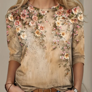 Women Floral Long Sleeve Tee T-shirt Crew Neck Printing Casual Spring/Fall Graphic Tee Top, JustFashionNow T-Shirts, color:Khaki|size:XXL,