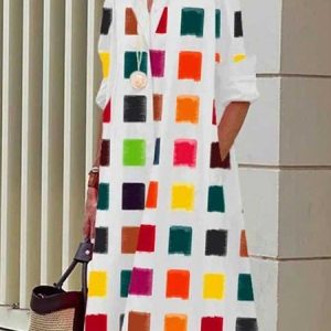 Women Geometric Spring/Fall Dress Shawl Collar Long Sleeve Shirt Dress H-Line Dress, Dresses, color:Color16|size:3XL, catalog Noracora shop