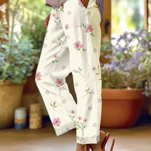 Women Floral Long Pants Casual Spring/Fall Trousers, JustFashionNow Pants, color:Off White|size:5XL,