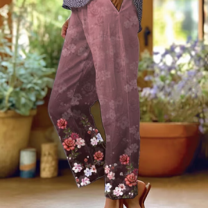 Women Floral Long Pants Casual Spring/Fall Trousers, JustFashionNow Pants, color:Deep Pink|size:5XL,