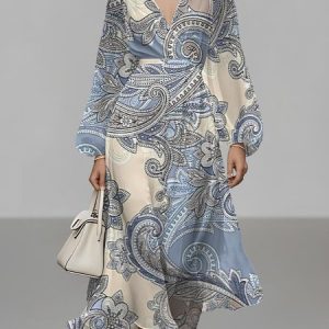 Women Paisley Puff Sleeve Spring/Fall Dress V Neck Long Sleeve A-Line Dress, Dresses, color:Blue|size:4XL, catalog Noracora shop