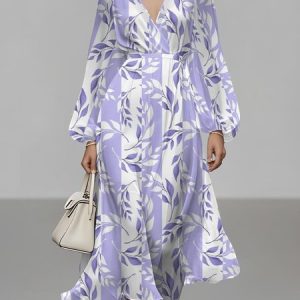 Women Striped Puff Sleeve Spring/Fall Dress V Neck Long Sleeve A-Line Dress, Dresses, color:Purple|size:4XL, catalog Noracora shop
