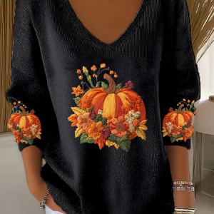 Halloween Pumpkin Print Casual Floral V Neck Long Sleeve T-shirt, Sweaters, color:Black|size:4XL, catalog Noracora shop