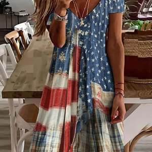 Women Independence Day (Flag) Summer Printing Dress V Neck Short Sleeve Classic A-Line Dress, Dresses, color:As Picture|size:4XL, catalog Noracora shop