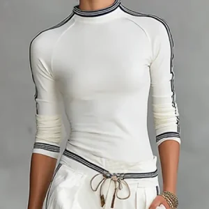 Casual Color Block Mock Neck T-shirt, Tees, color:White|size:XXL, Stylewe