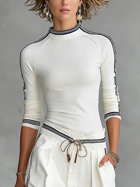 Cotton Casual Color Block Mock Neck T-shirt, Tees, color:White|size:XXL, Stylewe