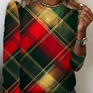 Women Plaid Long Sleeve Tee T-shirt Crew Neck Printing Casual Spring/Fall Graphic Tee Top, JustFashionNow T-Shirts, color:As Picture|size:XXL,