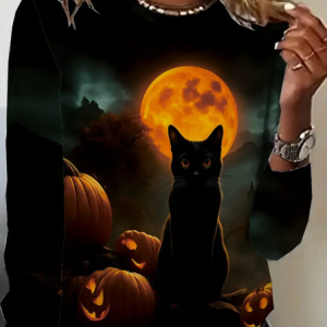 Women Cat Long Sleeve Tee T-shirt Crew Neck Printing Casual Spring/Fall Graphic Tee Top, JustFashionNow T-Shirts, color:Black|size:XXL,