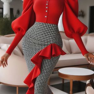 Urban Houndstooth Puff Sleeve Peplum Stand Collar Midi Dress, Midi Dresses, color:Red|size:XXL, Stylewe