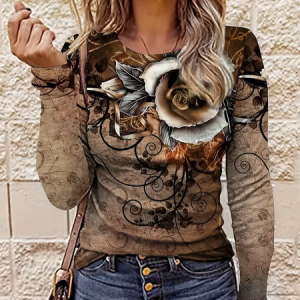 Women Floral Long Sleeve Tee T-shirt Crew Neck Printing Casual Spring/Fall Graphic Tee Top, JustFashionNow T-Shirts, color:Brown|size:XXL,