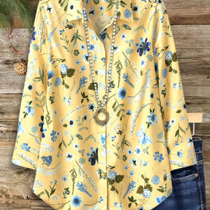 Shirt Collar Regular Sleeve Long Sleeve Floral Buckle Regular Loose Button Up Shirt Shirt For Women, Shirts, color:Yellow|size:XXL, catalog Noracora shop