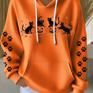 Casual Halloween Cat Pumpkin Art Print Hoodie Comfy Hoodie, Hoodies & Sweatshirts, color:Orange|size:5XL, catalog Noracora shop