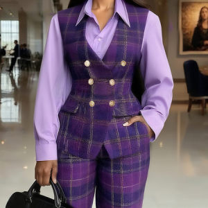 Plus Size Urban Buttoned Plaid Cross Neck Vest, Plus Outerwear, color:Purple|size:4X, Stylewe