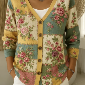 Women Cotton Floral Long Sleeve Comfy Casual Cardigan, Sweaters, color:Apricot|size:4XL, catalog Noracora shop