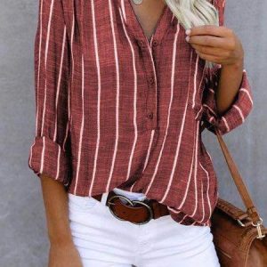 Women Striped Long Sleeve Shirt Spring/Fall Printing V Neck Daily Casual Top, JustFashionNow Blouses, color:Wine Red|size:5XL,