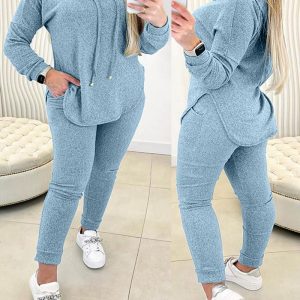 Plus Size Asymmetrical Hem Hooded Sweatshirt & Pocket Design Pants Set, women Two Piece Sets(plus), ChicMe catalog