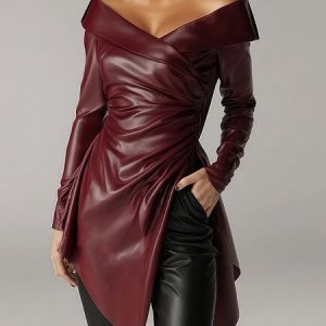 PU Urban Plain Ruched Faux Leather Top, Tops, color:Red|size:XXL, Stylewe