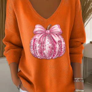 Women Cotton Geometric Long Sleeve Comfy Casual Sweater, Sweaters, color:Orange|size:4XL, catalog Noracora shop