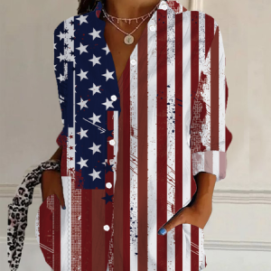 Women Independence Day (Flag) Long Sleeve Shirt Spring/Fall Buckle Shirt Collar Daily Casual Top, JustFashionNow Shirts, color:As Picture|size:XXL,