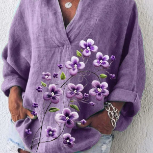 Women Floral Long Sleeve Shirt Spring/Fall Printing Shawl Collar Daily Casual Top, JustFashionNow Shirts, color:Light Purple|size:5XL,