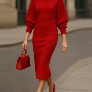Urban Plain Crew Neck Sweater Midi Dress, Midi Dresses, color:Red|size:XXL, Stylewe