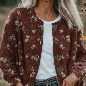 Women Floral Printing Long Sleeve Crew Neck Vintage Spring/Fall Cardigan Outerwear, JustFashionNow Cardigans, color:Red Brown|size:5XL,