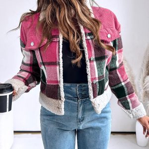 Vintage Plaid Print Corduroy Spliced Turn-down Collar Button Front Thermal Lined Jacket Casual Flap Detail Faux Shearling Trim Crop Warm Coat, women Jackets & Coats, ChicMe catalog