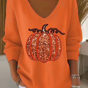 Casual Halloween (pumpkin) V Neck Long Sleeve T-shirt, Sweaters, color:Orange|size:4XL, catalog Noracora shop