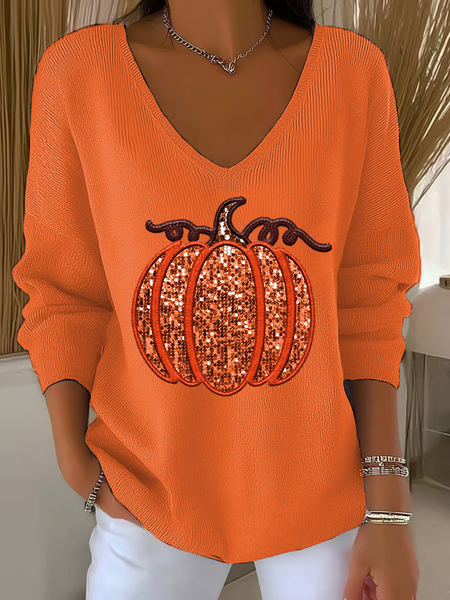 Women Halloween (pumpkin) Long Sleeve Tee T-shirt V Neck Printing Casual Spring/Fall Top, JustFashionNow T-Shirts, color:Orange|size:4XL - Image 2