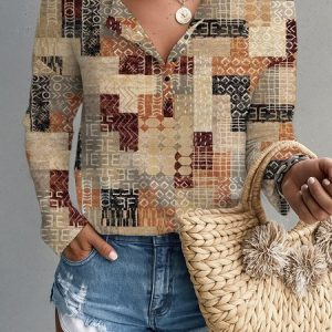 Women Geometric Long Sleeve Tee T-shirt V Neck Printing Vintage Spring/Fall Top, JustFashionNow T-Shirts, color:Color3|size:3XL,