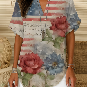 Women Floral Short Sleeve Shirt Summer Printing V Neck Daily Casual Top, JustFashionNow Shirts, color:As Picture|size:5XL,