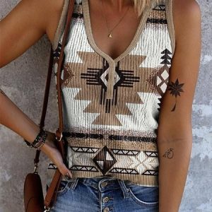 Casual V Neck Geometric Tank Top, Tanks & Camis, color:Khaki|size:3XL, catalog Noracora shop