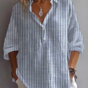 Shirt Collar Long Sleeve Striped Printing Regular Loose Shirt For Women, Shirts, color:Blue|size:5XL, catalog Noracora shop