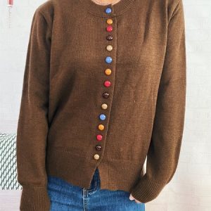 Women Cotton Plain Long Sleeve Comfy Casual Cardigan, Sweaters, color:Brown|size:L, catalog Noracora shop