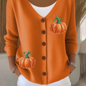 Women Cotton Pumpkin Pattern Long Sleeve Comfy Casual Cardigan, Cardigans, color:Orange|size:4XL, catalog Noracora shop