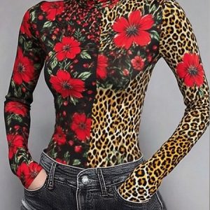 Urban Leopard Printing Turtleneck T-shirt, Tees, color:As Picture|size:XXL, Stylewe
